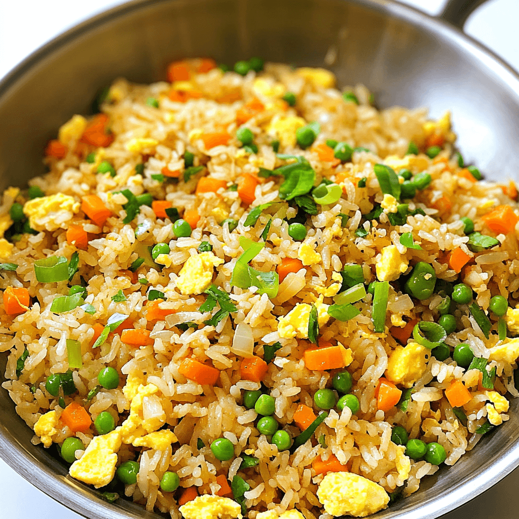 A bowl of steaming hot fried rice with a mix of diced vegetables, scrambled eggs, and seasonings, showcasing a perfect balance of flavors and textures.