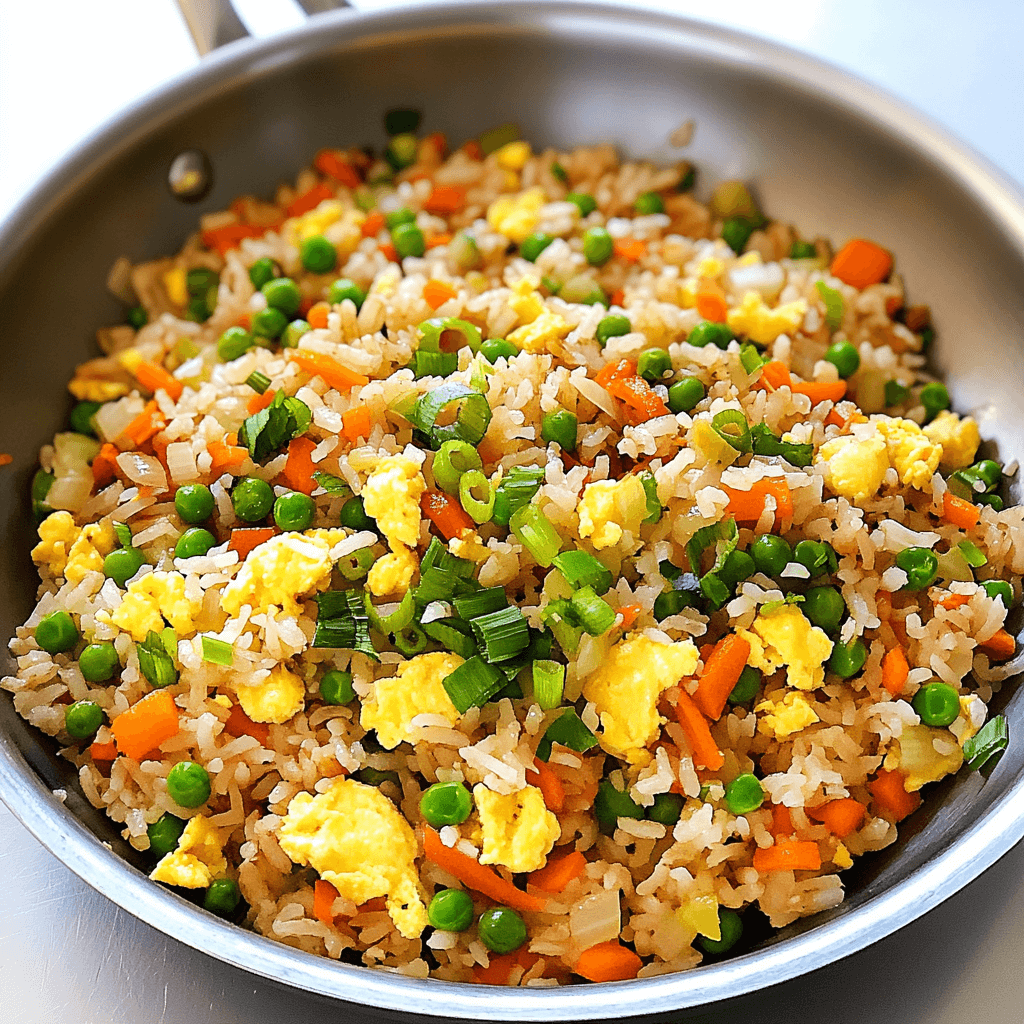 A top-down view of a delicious homemade vegetable fried rice, packed with bright green peas, orange carrots, and fluffy egg pieces, garnished with fresh green onions.
