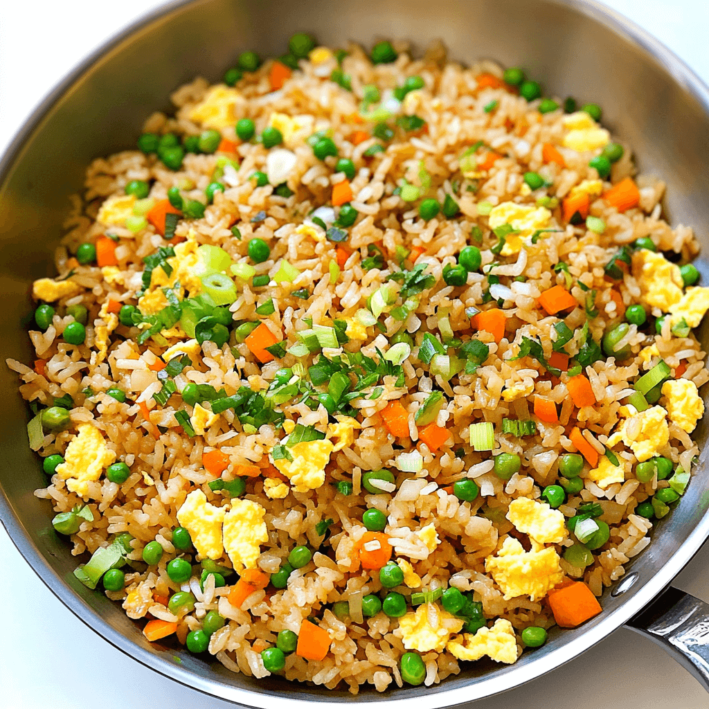 A close-up of a stainless steel pan filled with freshly cooked vegetable fried rice, featuring fluffy scrambled eggs, diced carrots, green peas, and chopped green onions.