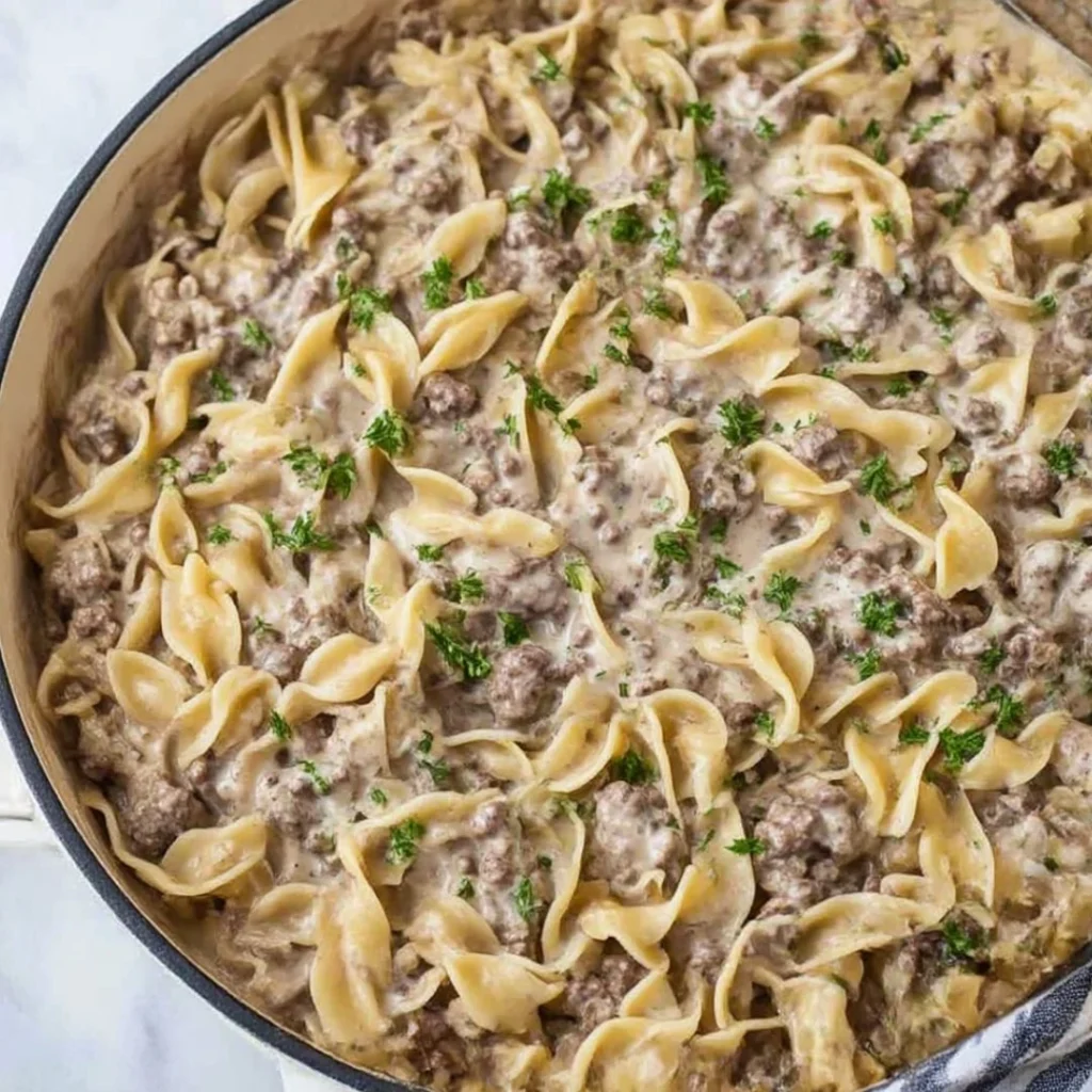 Delicious 30-minute ground beef stroganoff served with noodles