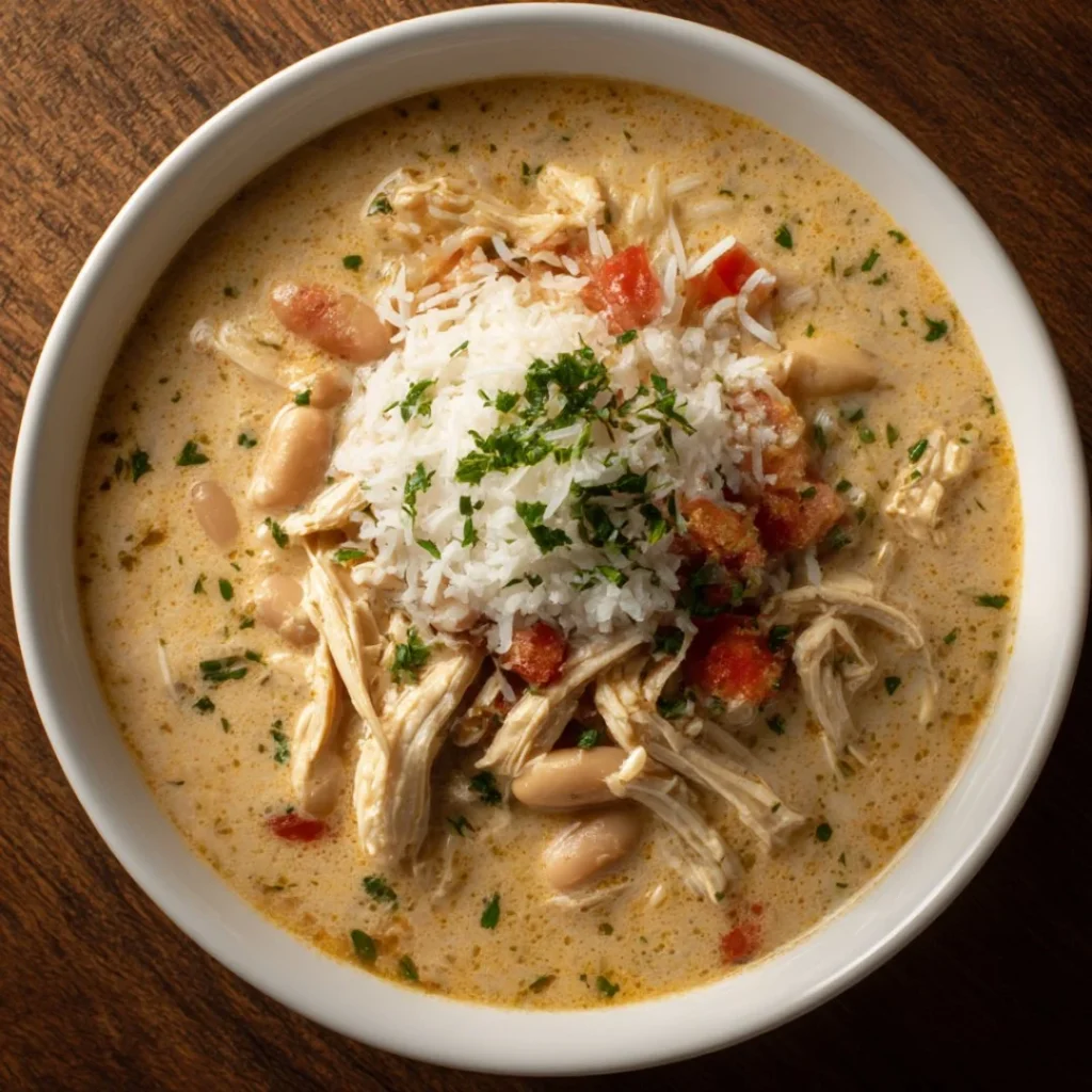 35-Minute White Cheddar Apple Chicken Chili in a bowl with toppings