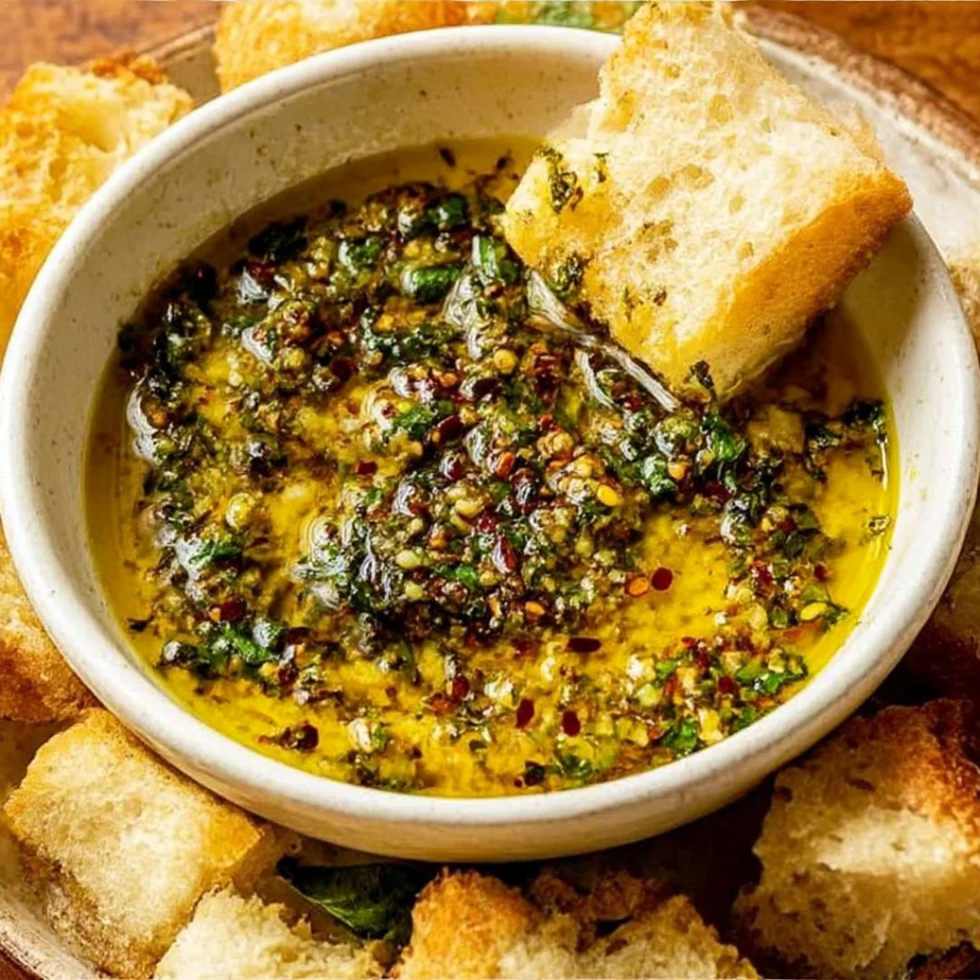 Delicious homemade garlic olive oil dip served with fresh bread.