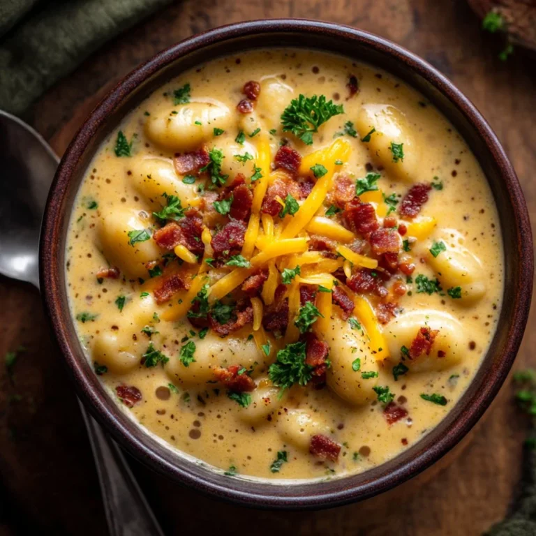 Bacon cheddar gnocchi soup served in a bowl, garnished with herbs.