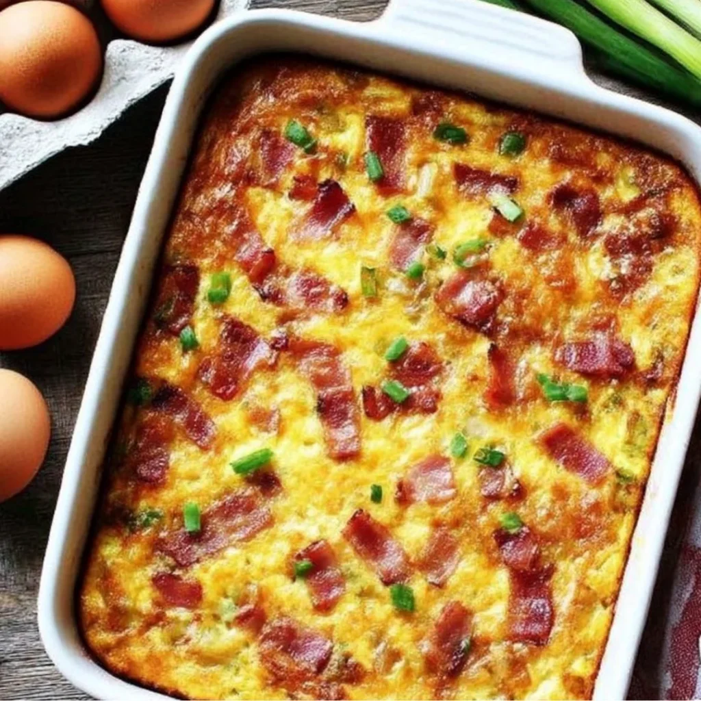 Bacon Potato Egg Casserole baked dish served on a white plate
