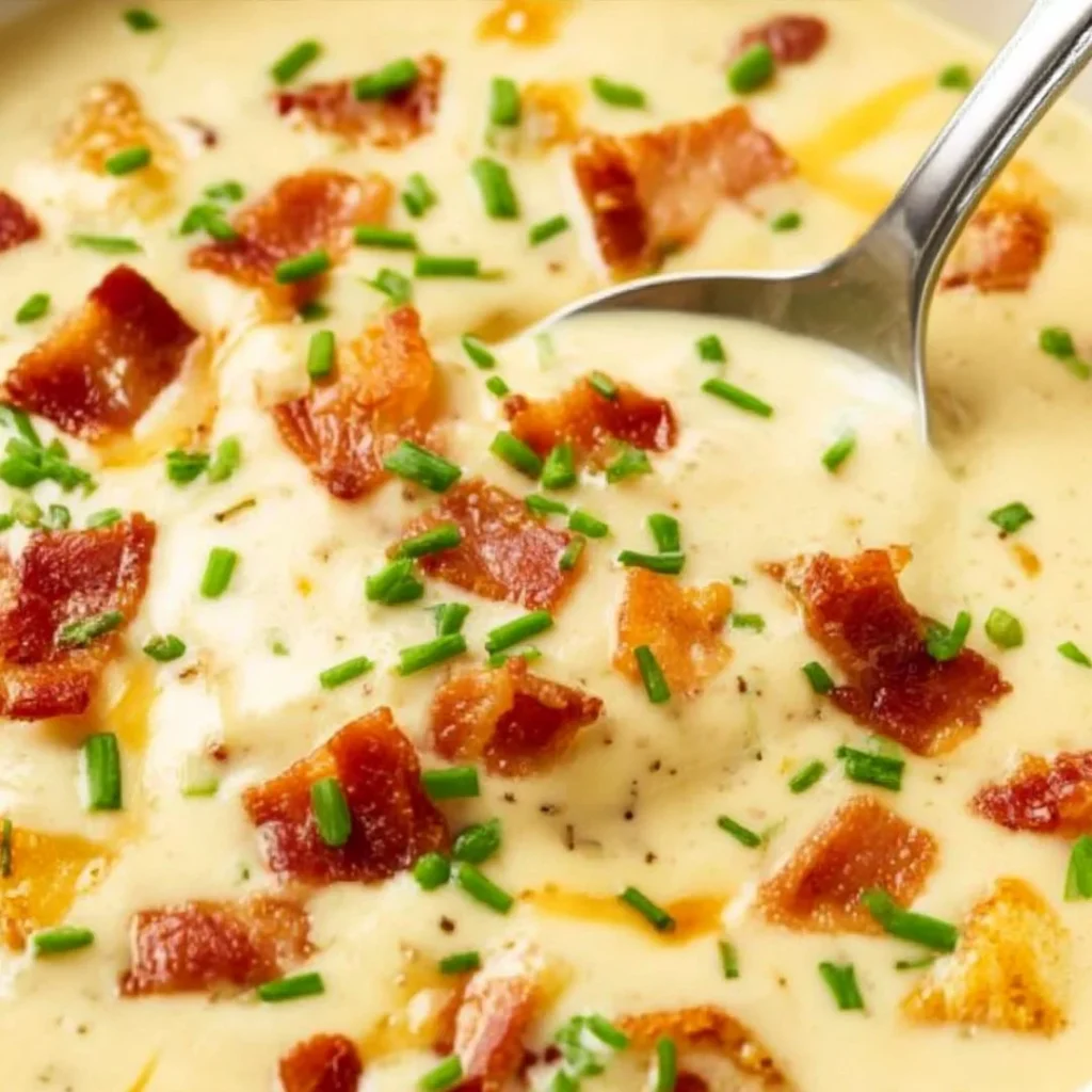 Bowl of delicious baked potato soup topped with cheese and chives