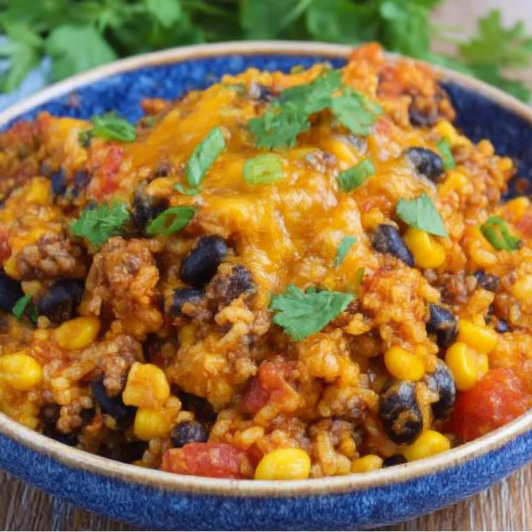 Delicious beef enchilada casserole with rice topped with cheese and garnish