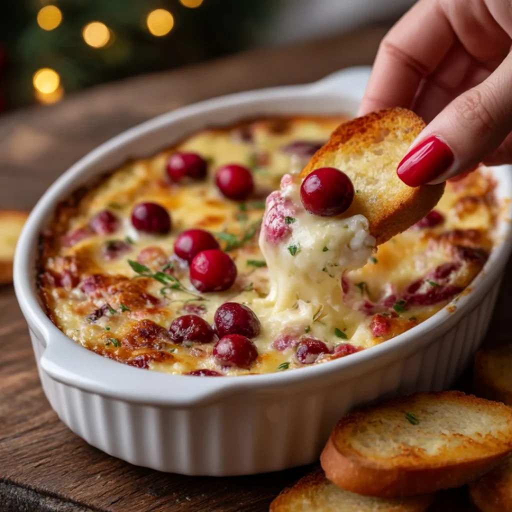 Baked cranberry cream cheese dip served in a dish with crackers