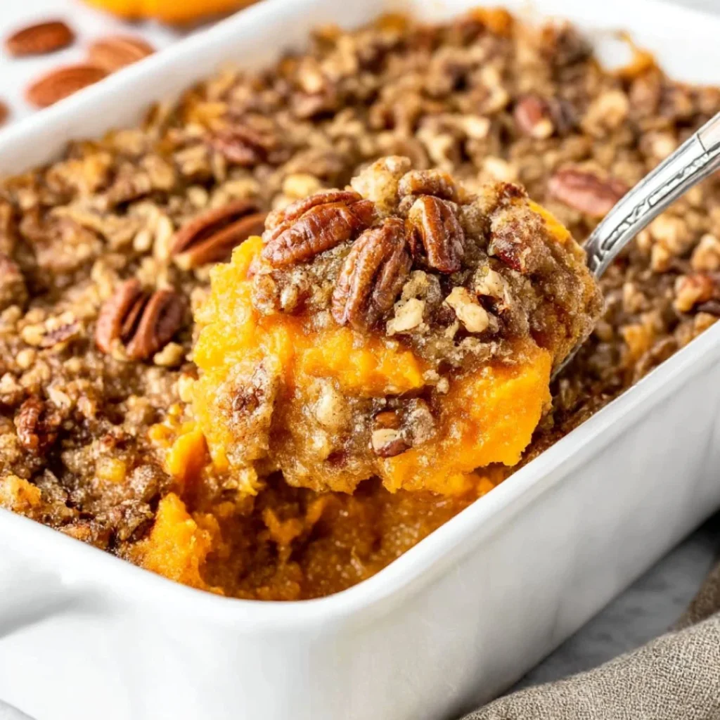 Delicious sweet potato casserole topped with pecans and marshmallows for a festive meal.