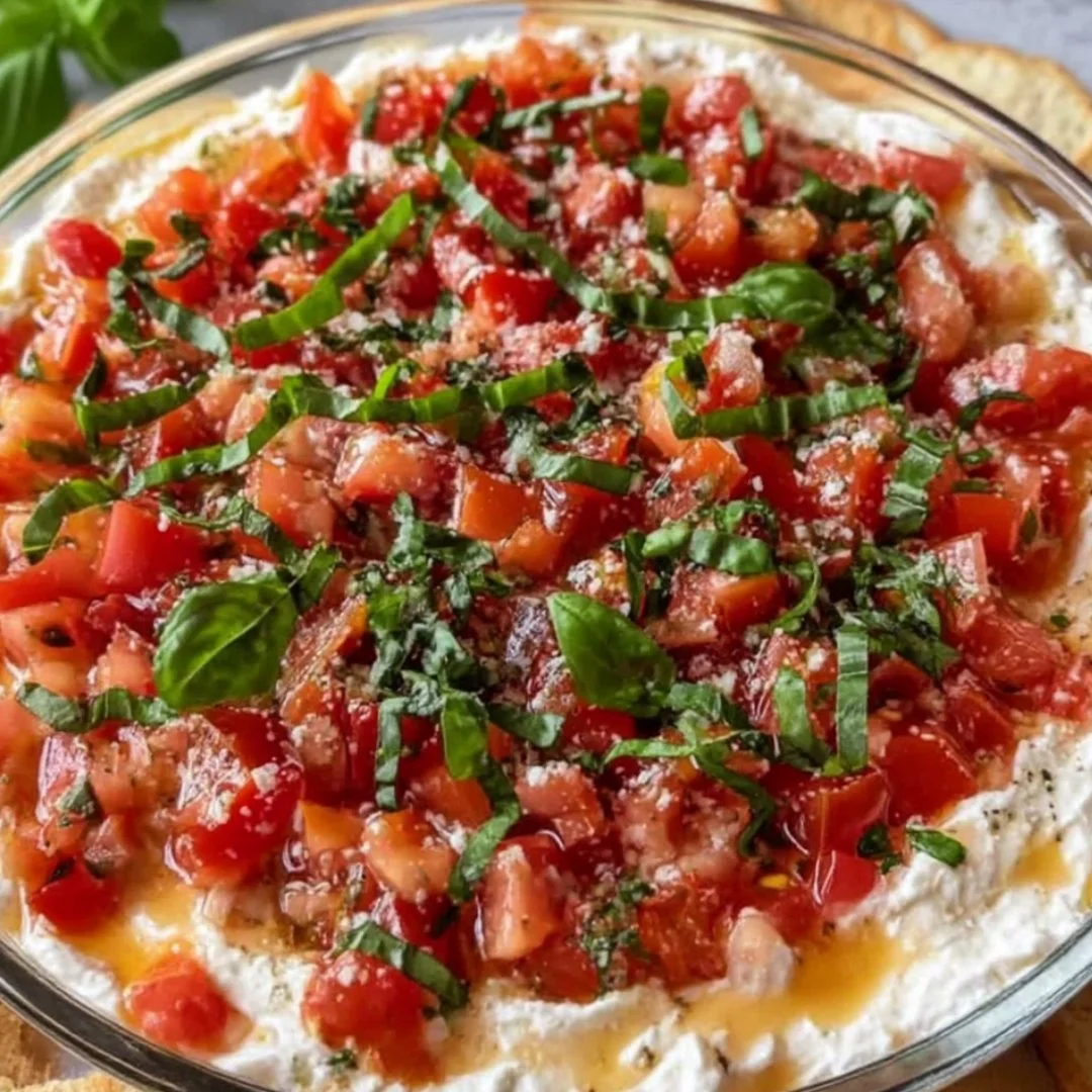 Vibrant bruschetta dip served with crispy bread and fresh toppings