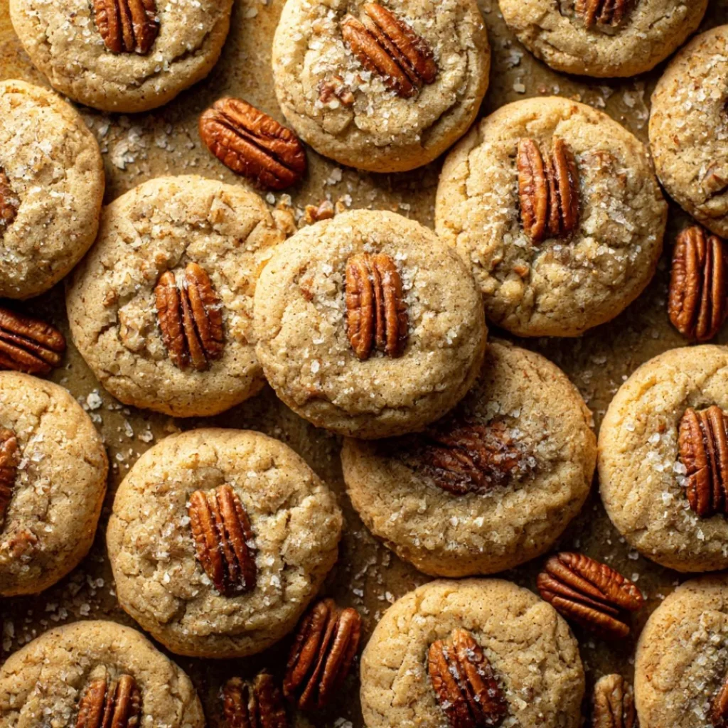 Batch of delicious Butter Pecan Cookies on a baking sheet