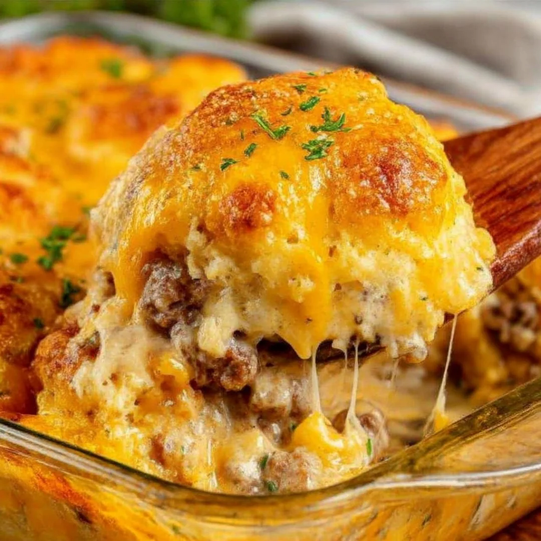 Cheddar Bay Ground Beef Cobbler served in a dish