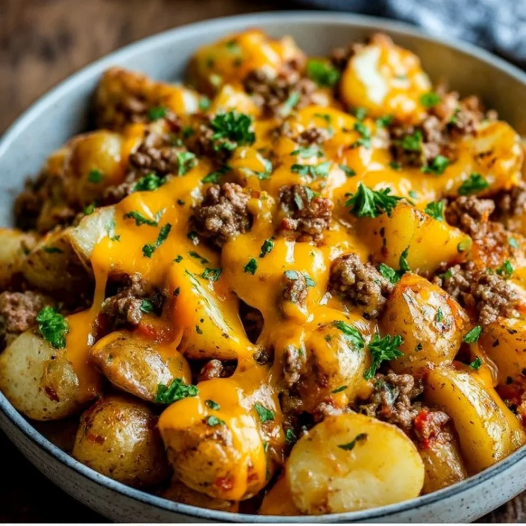 Cheesy Ground Beef and Potato Casserole served on a plate