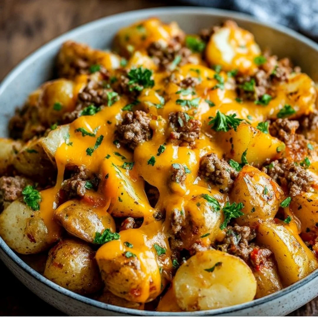 Cheesy Ground Beef and Potato Casserole served on a plate