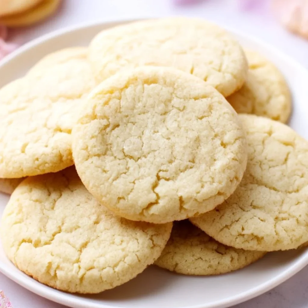 Delicious chewy sugar cookies on a baking tray, fresh out of the oven.