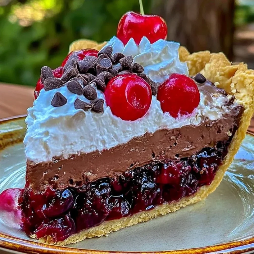 Chocolate Cherry Cream Pie topped with cherries and whipped cream