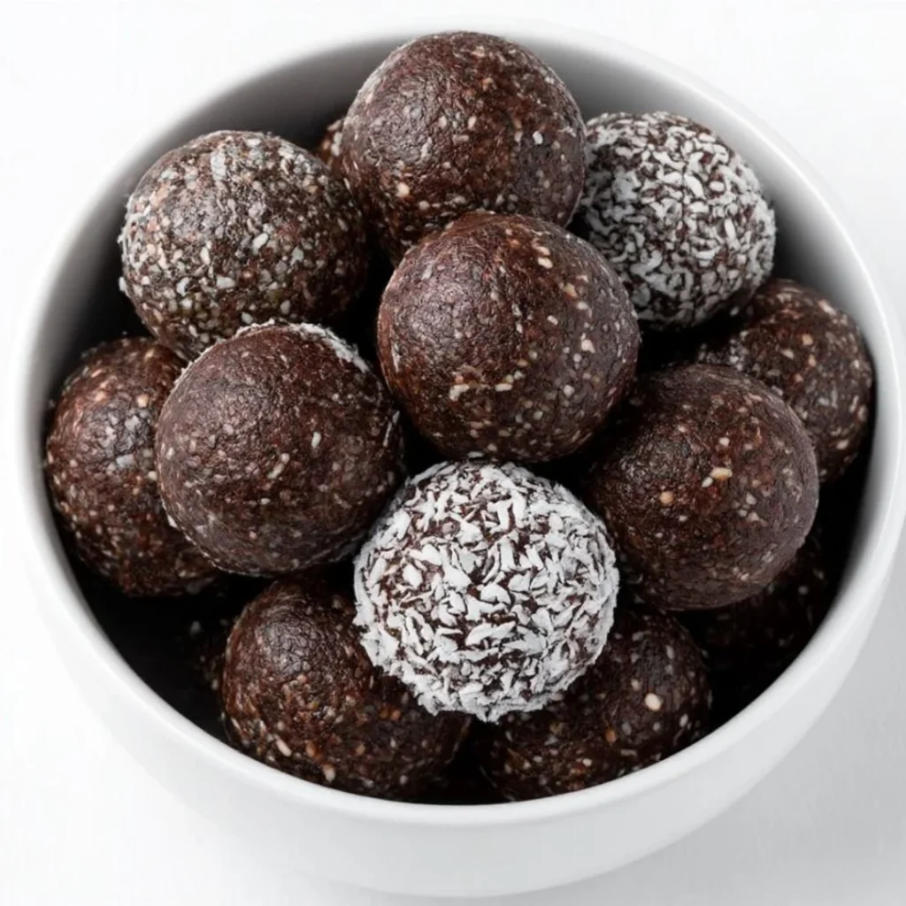 Homemade Chocolate Coconut Energy Balls with a rich cocoa flavor and shredded coconut