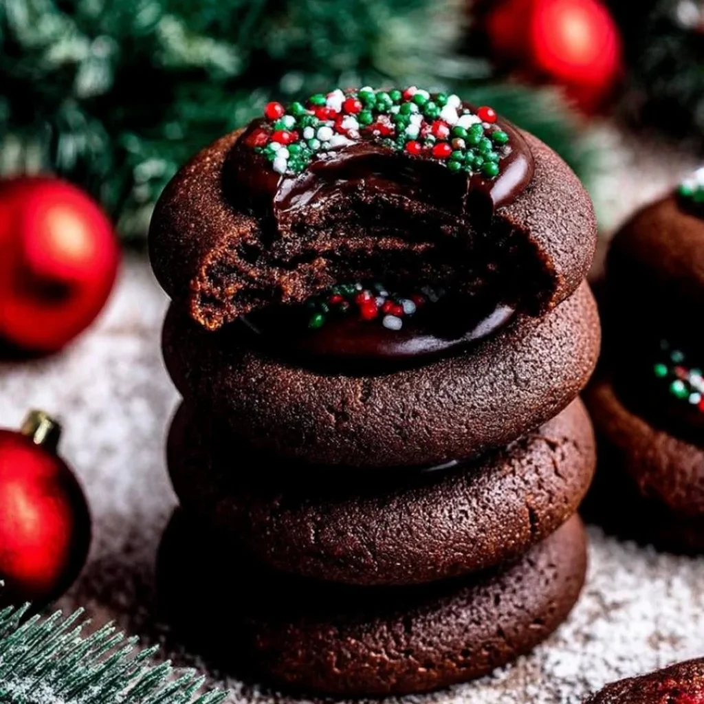 Delicious Chocolate Thumbprint Cookies with chocolate filling on a baking tray