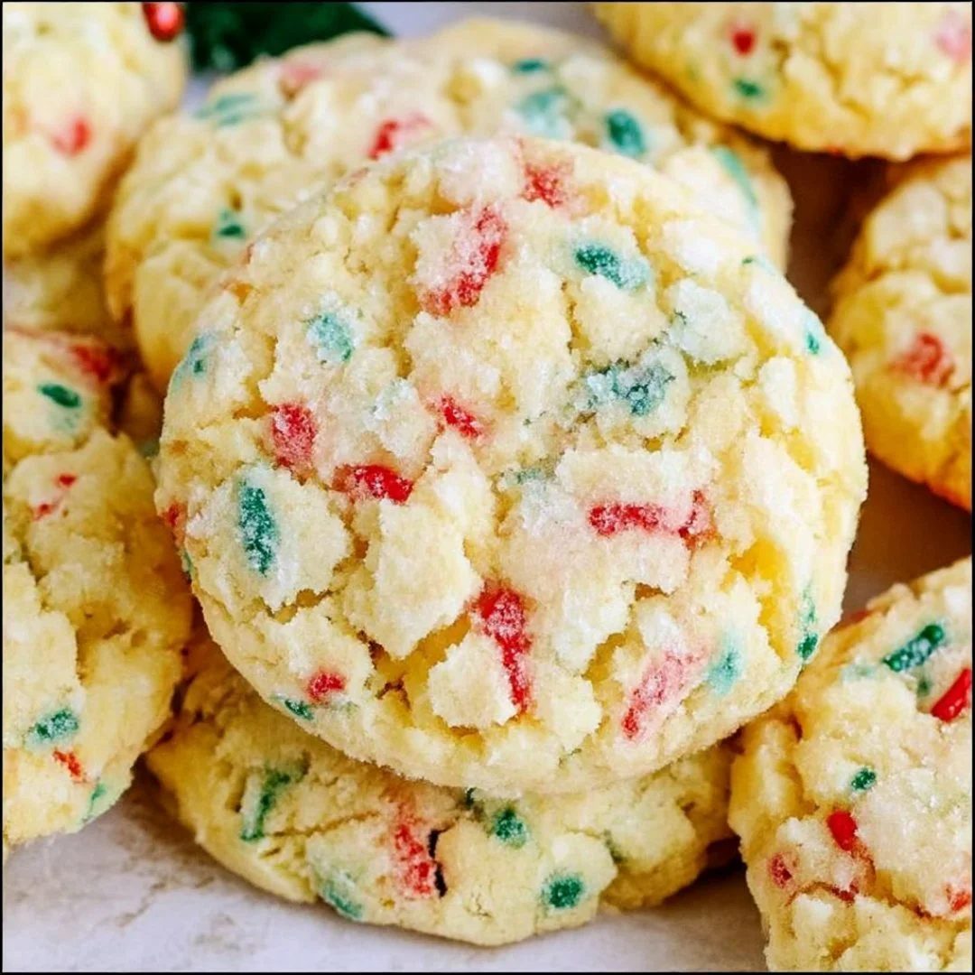 Plate of Christmas Gooey Butter Cookies dusted with powdered sugar