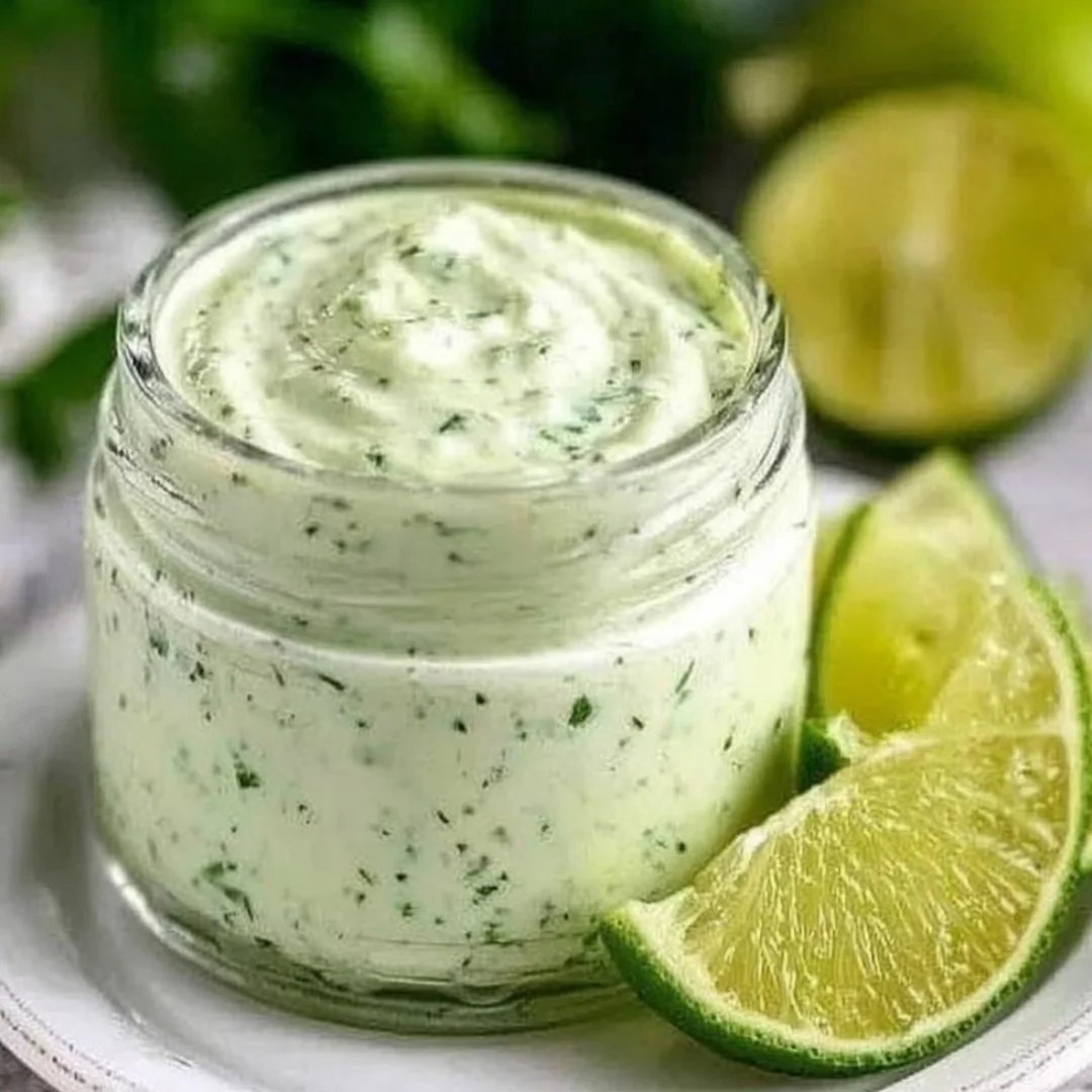 A jar of homemade cilantro garlic sauce with fresh ingredients beside it.