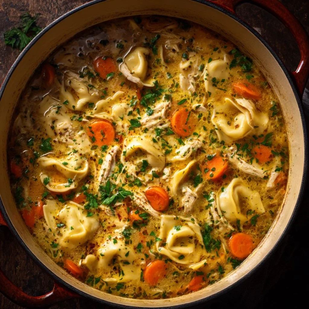 Bowl of cozy Chicken Tortellini Soup with fresh herbs and ingredients