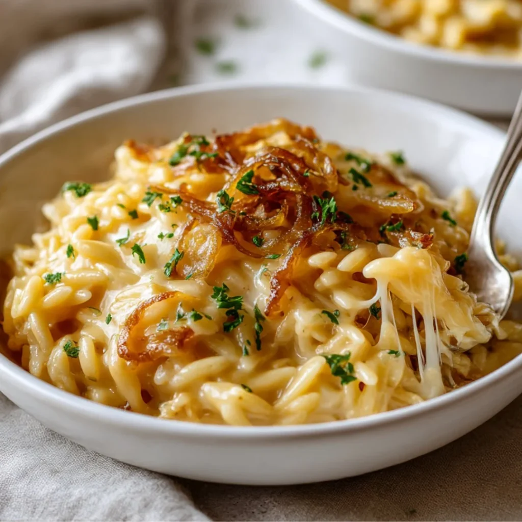 Cozy French Onion Orzo Bake with melted cheese and caramelized onions