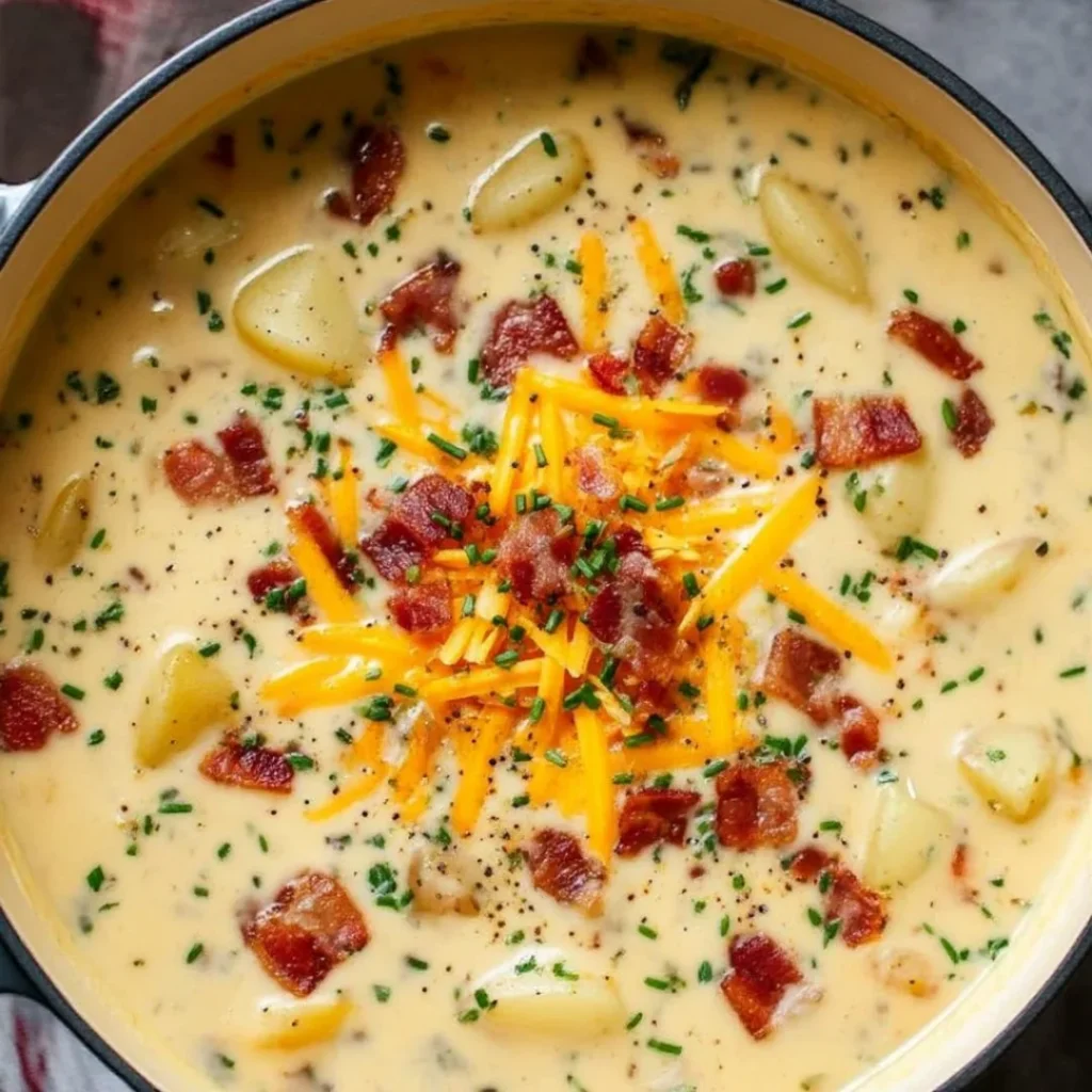 Bowl of cozy loaded potato soup garnished with bacon, cheese, and chives