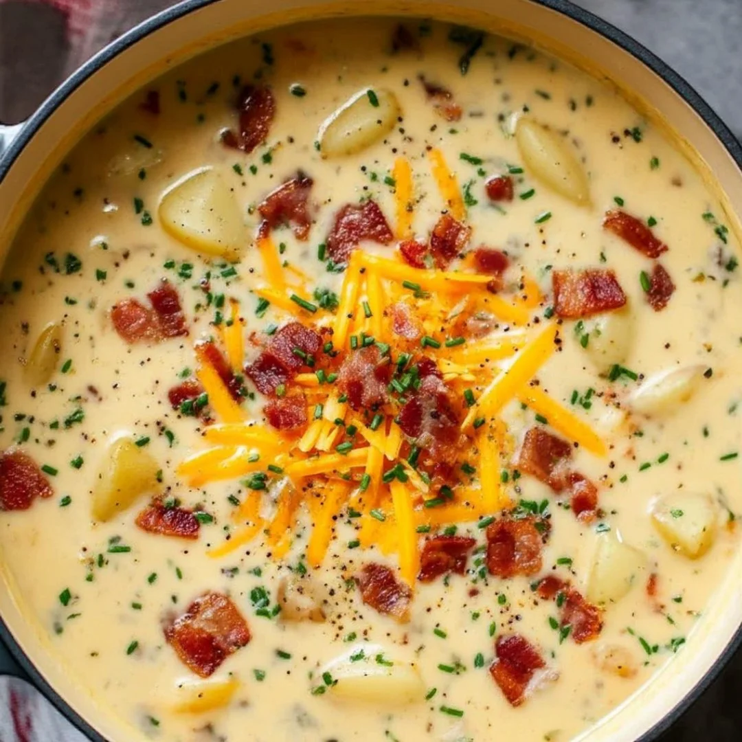 Bowl of cozy loaded potato soup garnished with bacon, cheese, and chives