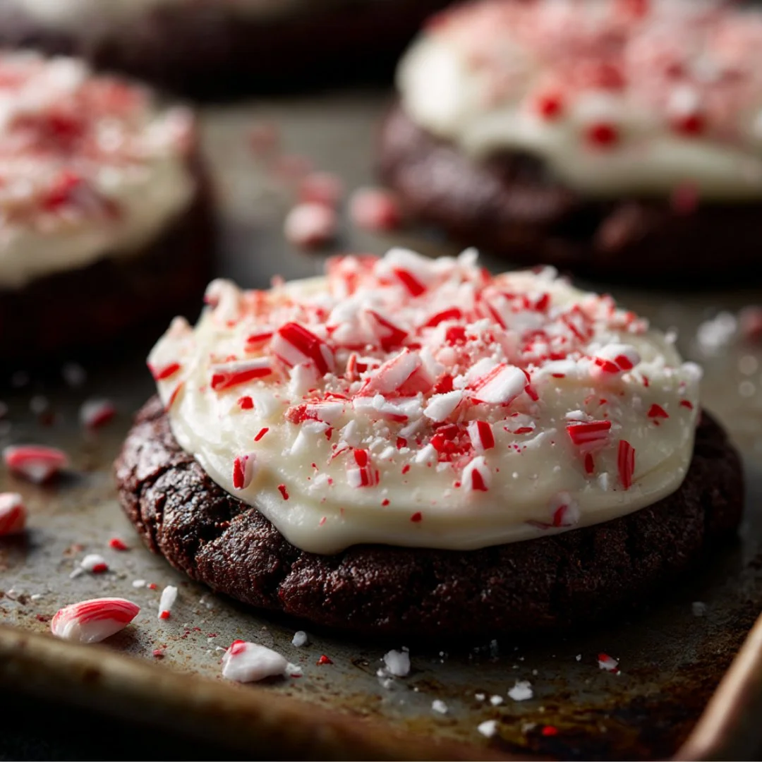 Cozy peppermint bark cookies topped with crushed candy canes on a festive plate