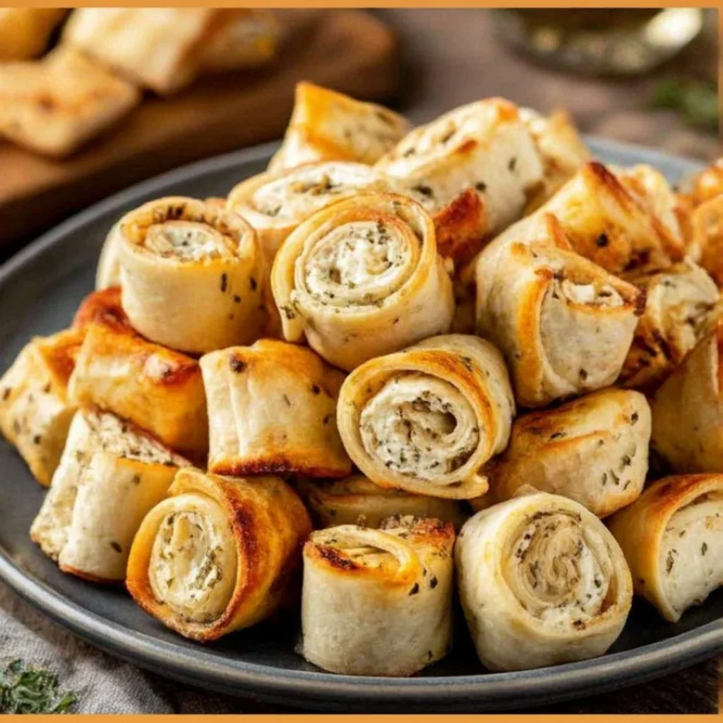 Cream cheese tortilla bites served on a platter, ideal for appetizers.