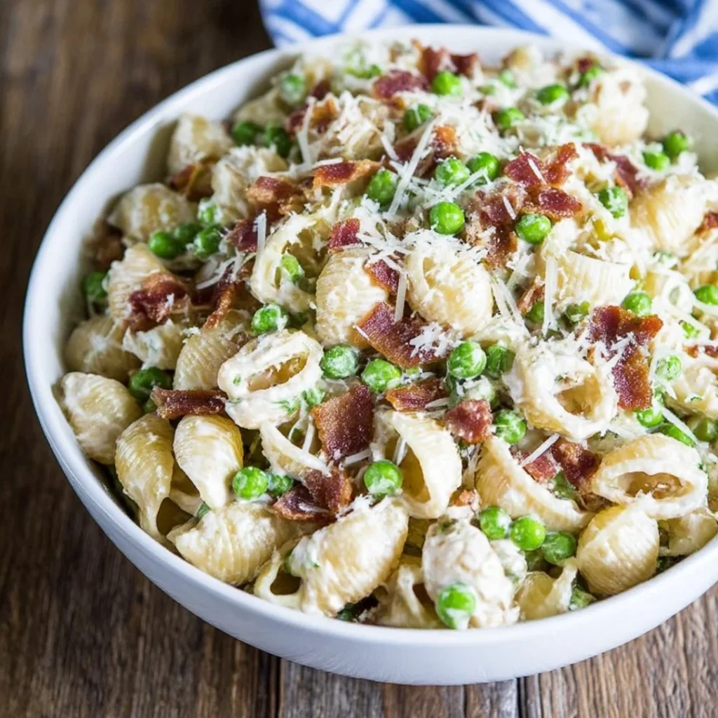 Delicious creamy pasta salad served in a bowl with fresh vegetables