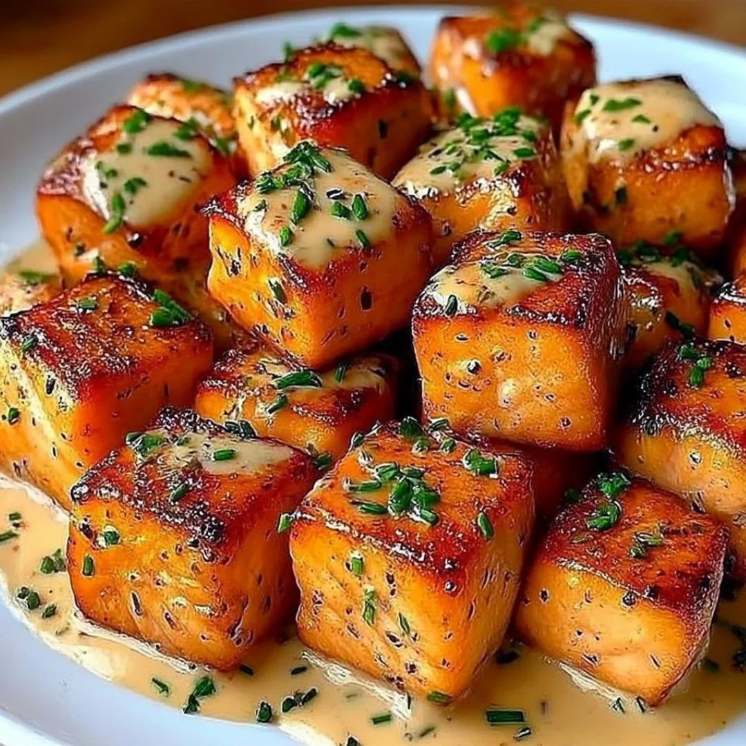 Crispy Bang Bang Salmon Bites served on a plate with dipping sauce