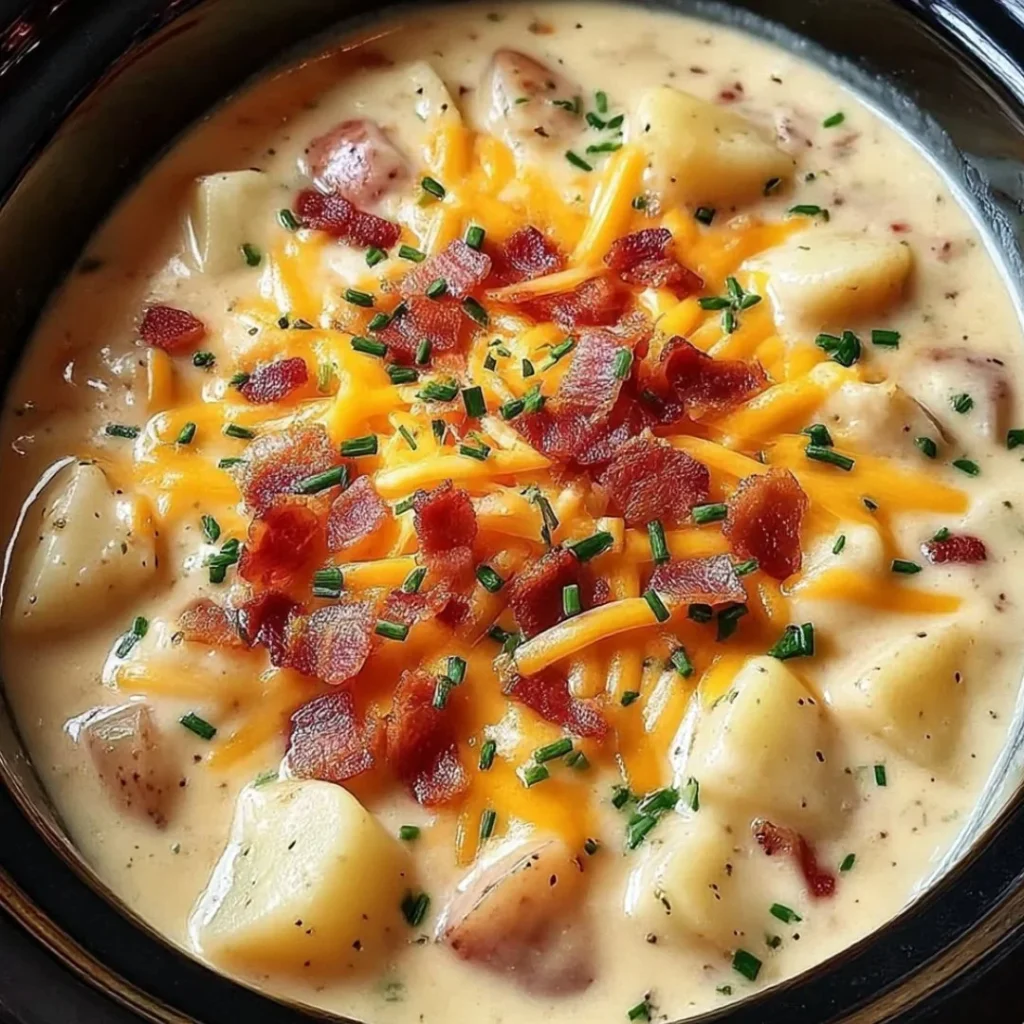 Delicious Crock Pot Crack Potato Soup garnished with cheese and green onions.