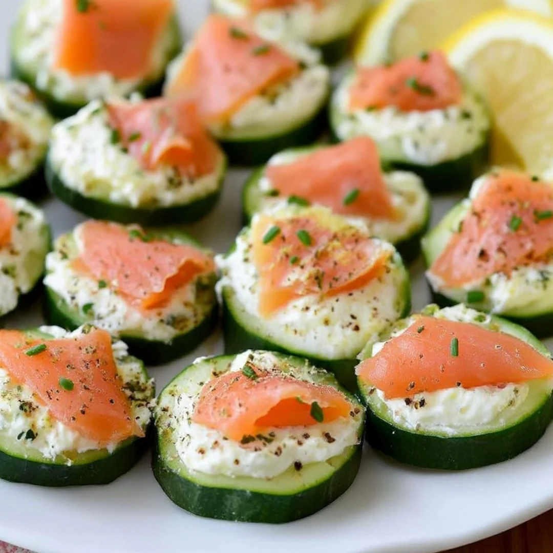 Cucumber smoked salmon bites served on a platter as an appetizer