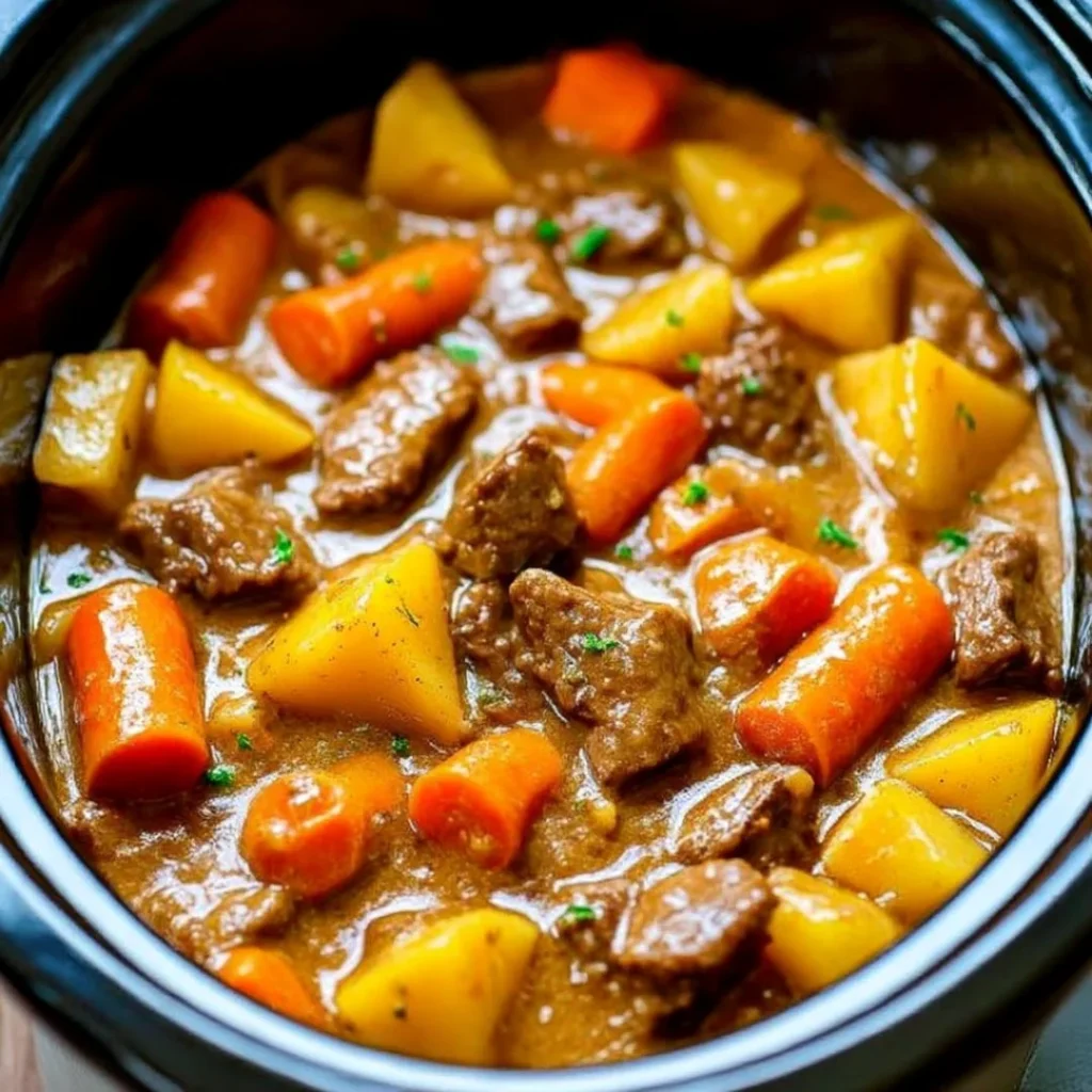 Bowl of delicious beef stew with vegetables and herbs