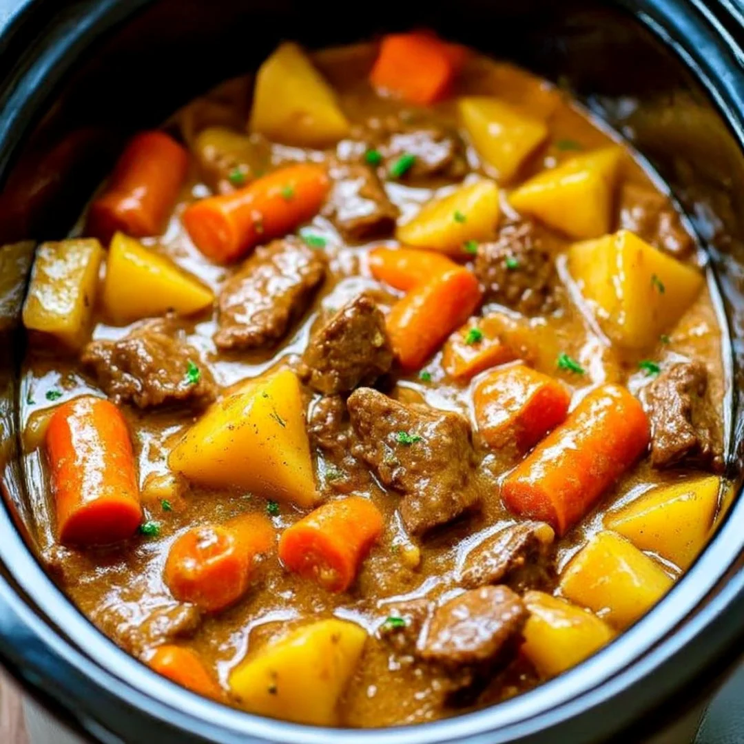 Bowl of delicious beef stew with vegetables and herbs