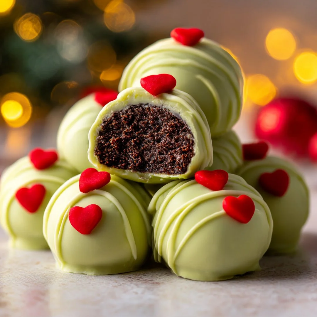 Delicious Grinch Oreo Balls decorated for the holidays