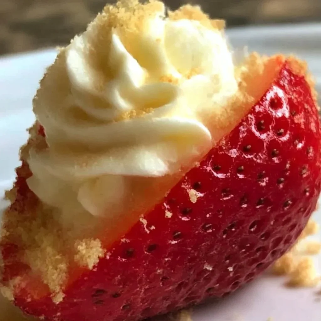 Deviled strawberries filled with creamy cheesecake filling on a plate