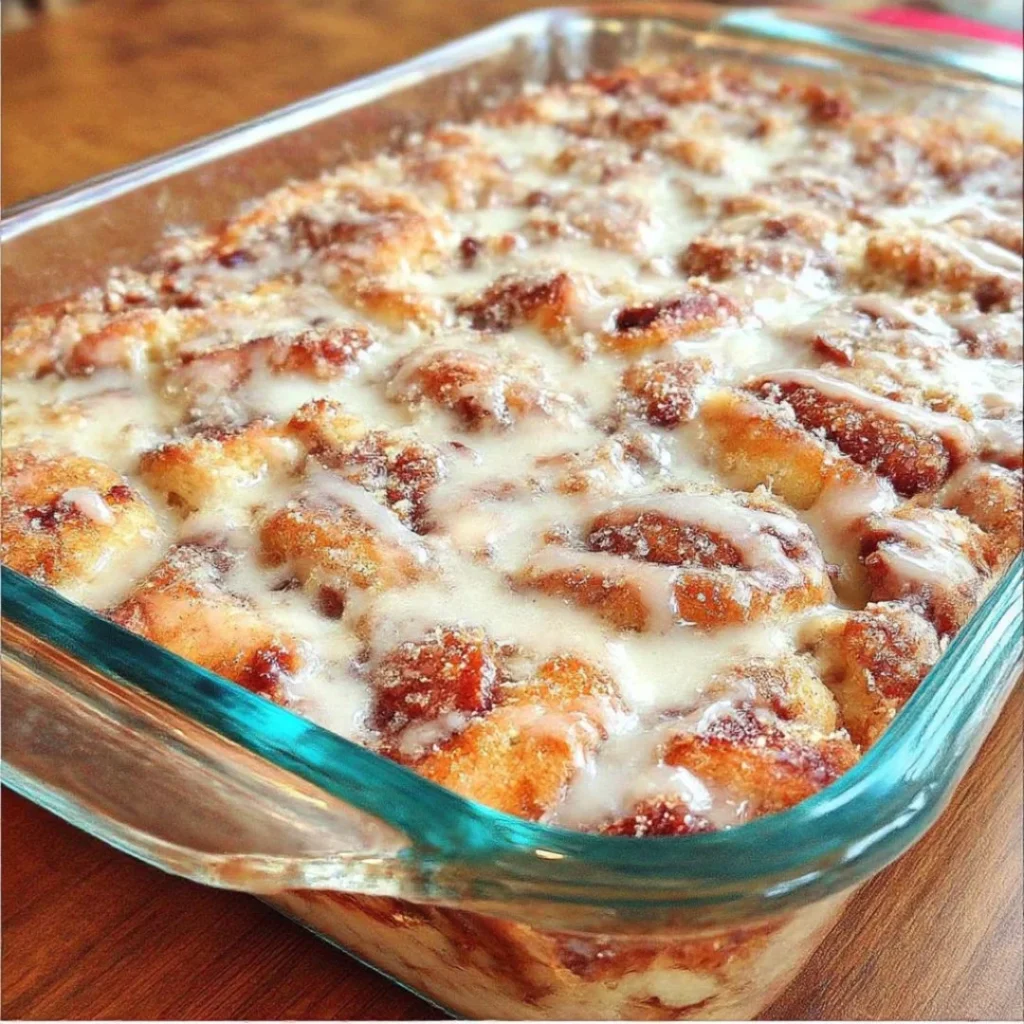 Easy cinnamon roll casserole fresh out of the oven, topped with icing.