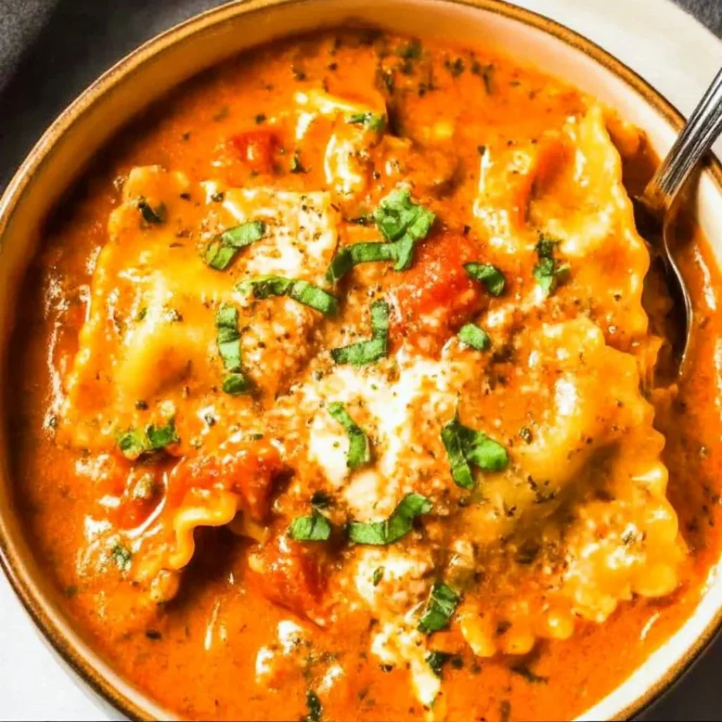 Delicious bowl of Easy Creamy Lasagna Soup topped with fresh herbs
