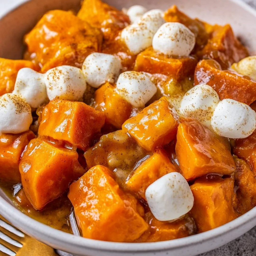 Delicious easy crockpot sweet potatoes topped with marshmallows in a slow cooker.