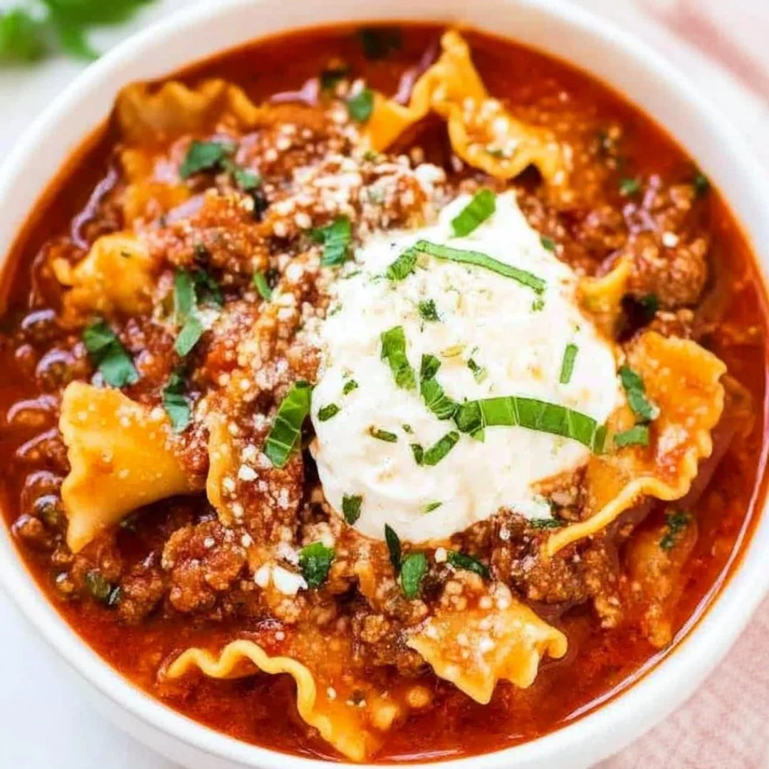 Bowl of Easy Lasagna Soup topped with cheese and fresh herbs