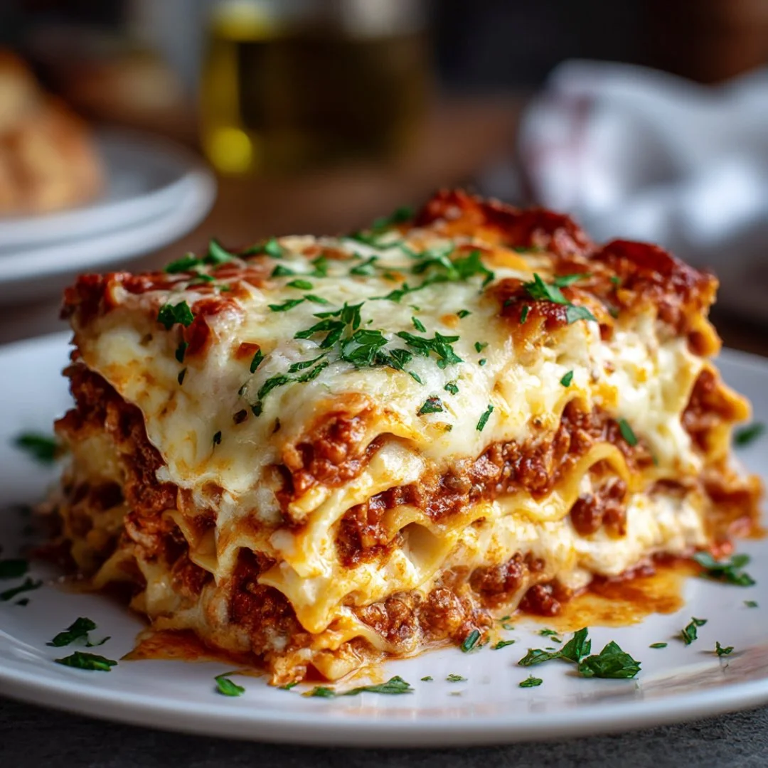 Plate of easy no boil lasagna topped with cheese and herbs