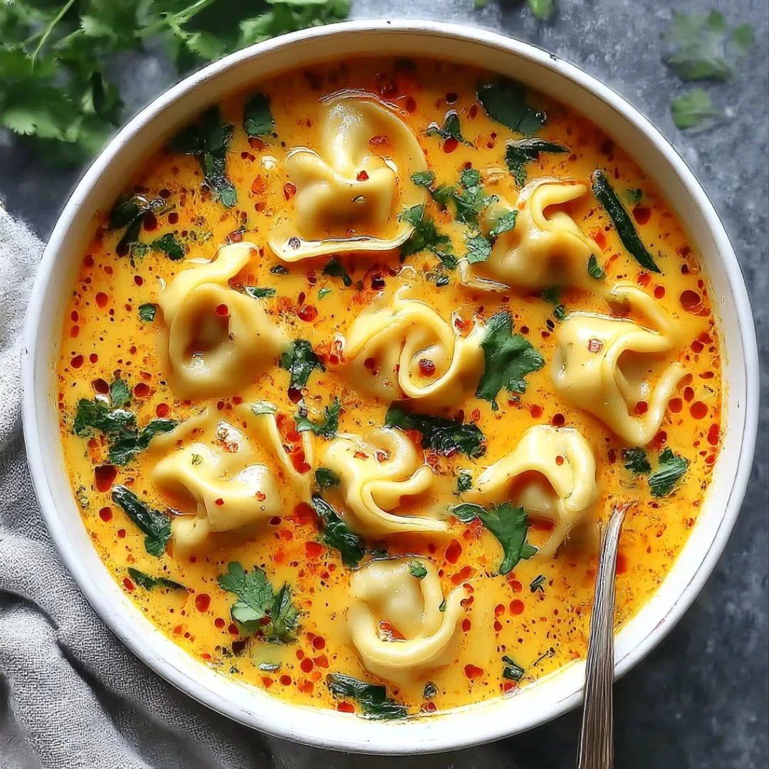 Bowl of Easy Thai Coconut Curry Dumpling Soup garnished with fresh herbs