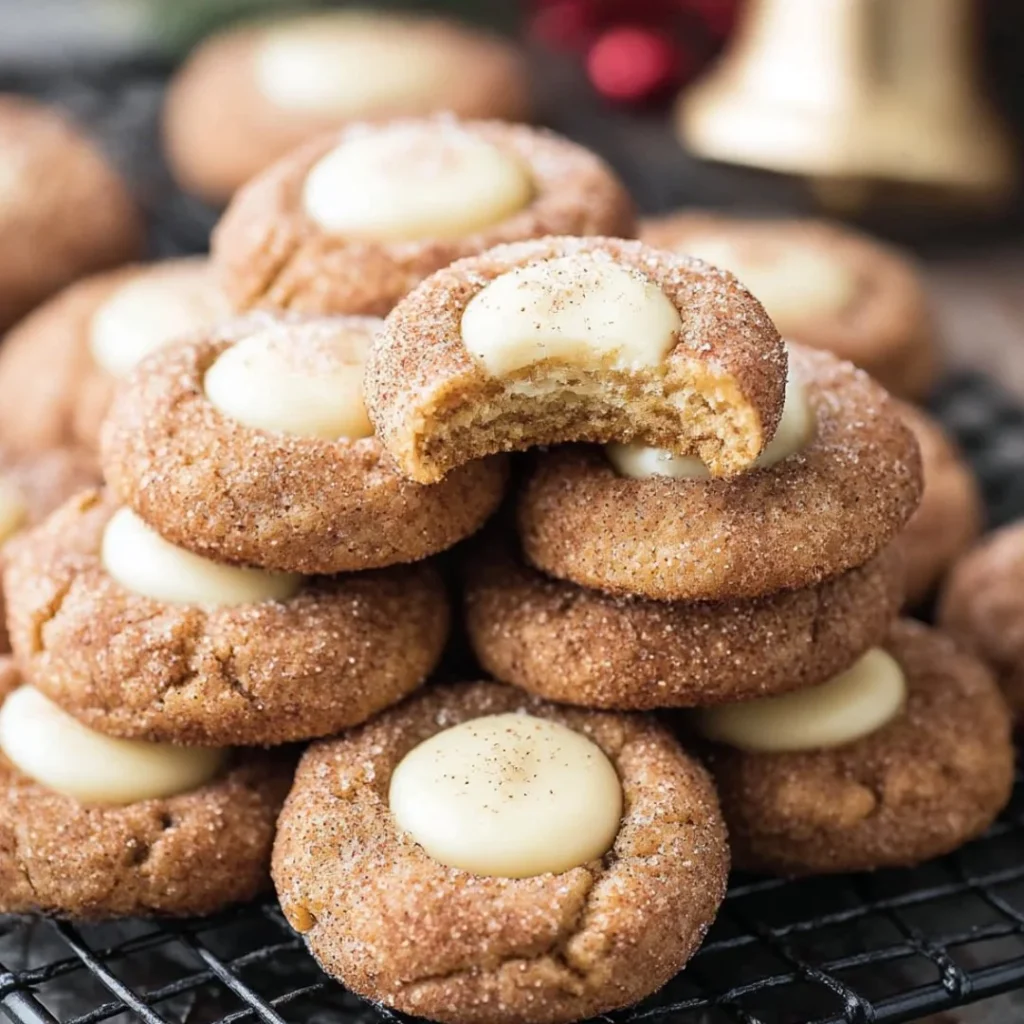 Festive eggnog snickerdoodle thumbprint cookies on a plate