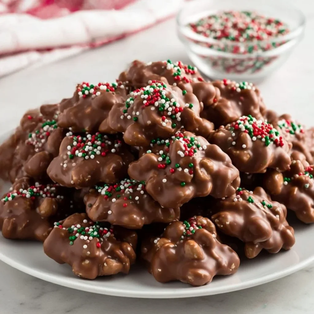 Festive chocolate peanut clusters arranged on a festive platter