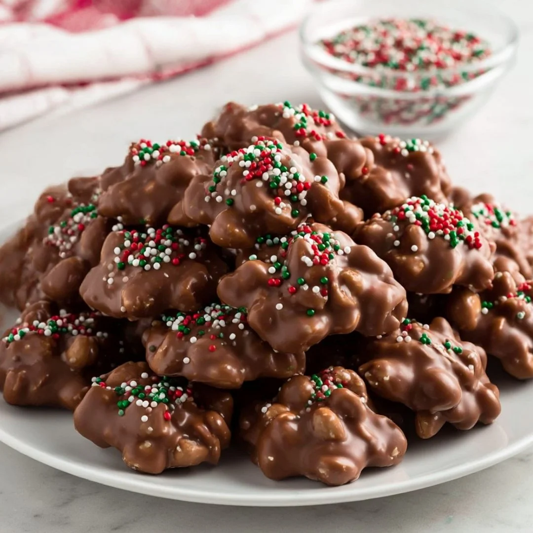 Festive chocolate peanut clusters arranged on a festive platter