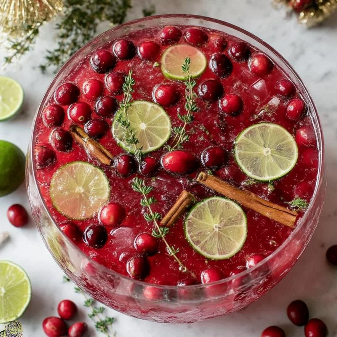 Festive Cranberry Holiday Punch in a glass garnished with fresh cranberries and mint.