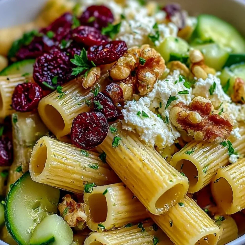Feta Rigatoni Salad with cranberries and lemon vinaigrette in a bowl