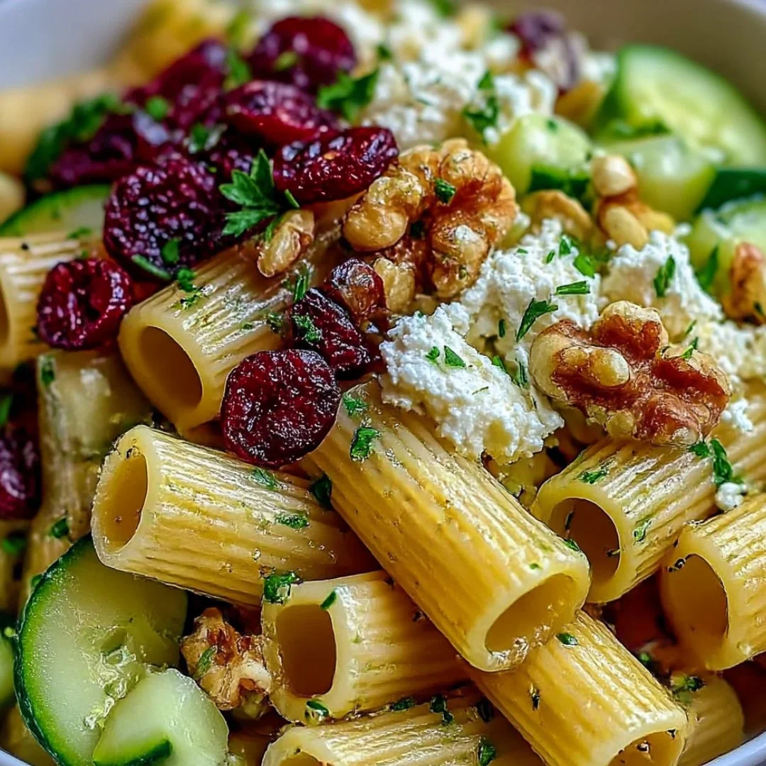 Feta Rigatoni Salad with cranberries and lemon vinaigrette in a bowl