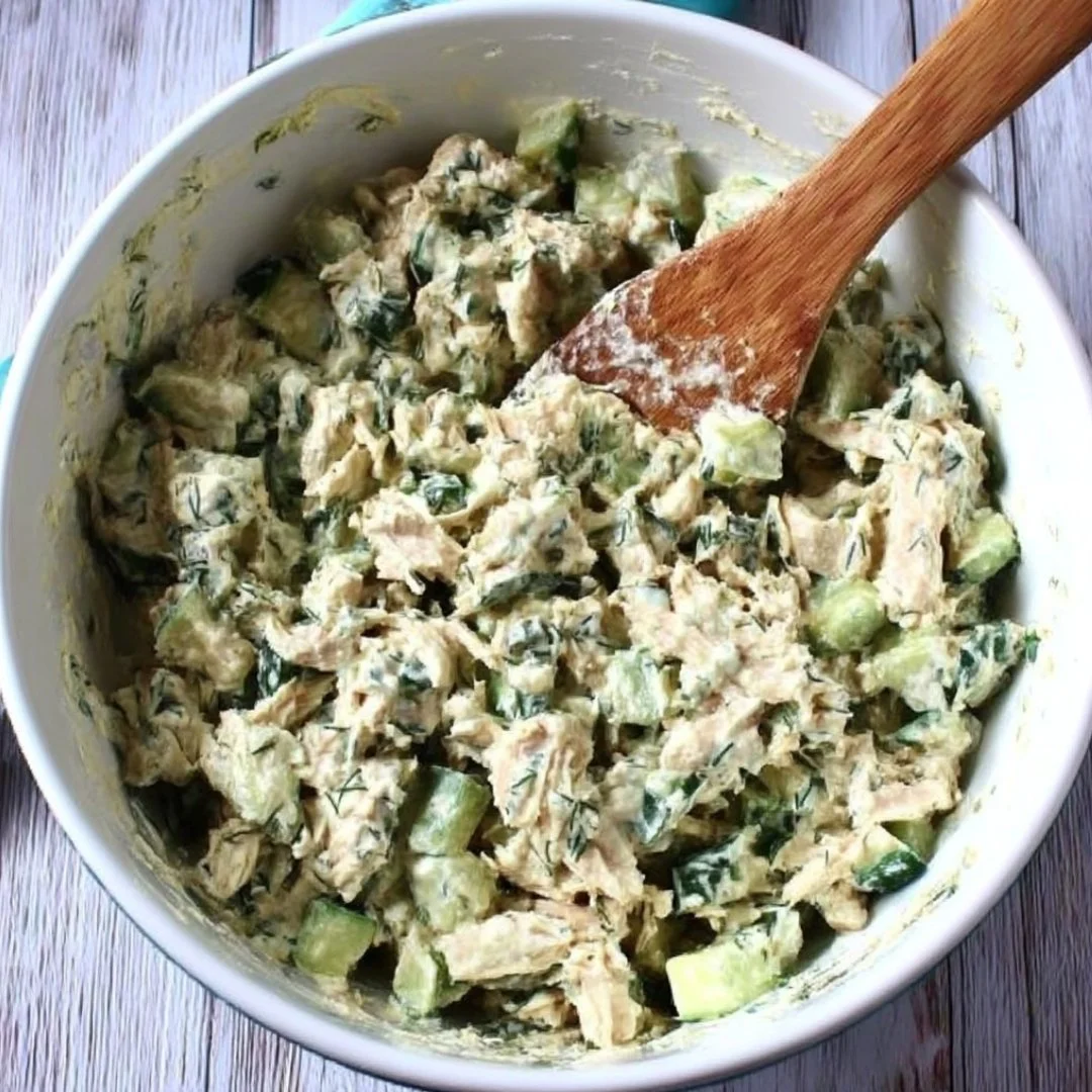 Fresh Cucumber Chicken Salad with creamy dressing and chicken pieces